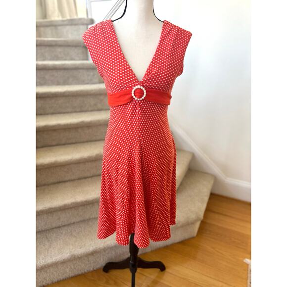Eva Franco Coral Orange & White Polka Dot Belted Knit Dress - Picture 1 of 7